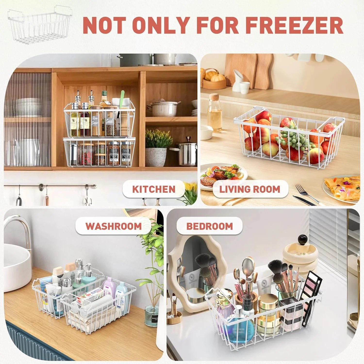 8-Pack Freezer Organizer Bins with Foldable Handles, Stackable Deep Freezer Baskets for 3.5-7 Cubic Feet Freezers, White Metal Storage Bins