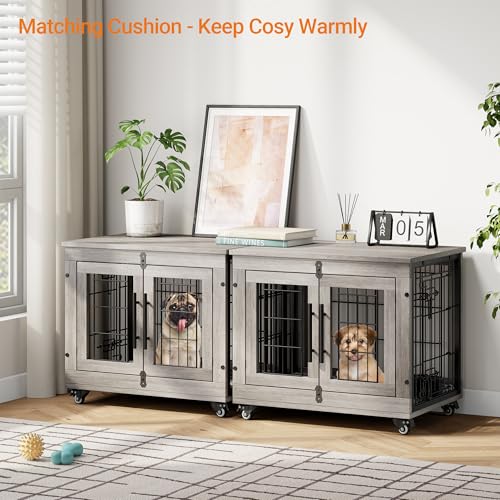 Lulive Dog Crate Furniture for Medium Dogs, 32'' Dog Kennel Indoor with Cushion & Wheels Wooden Dog Cage Double Doors Dog Crate End Table, Grey