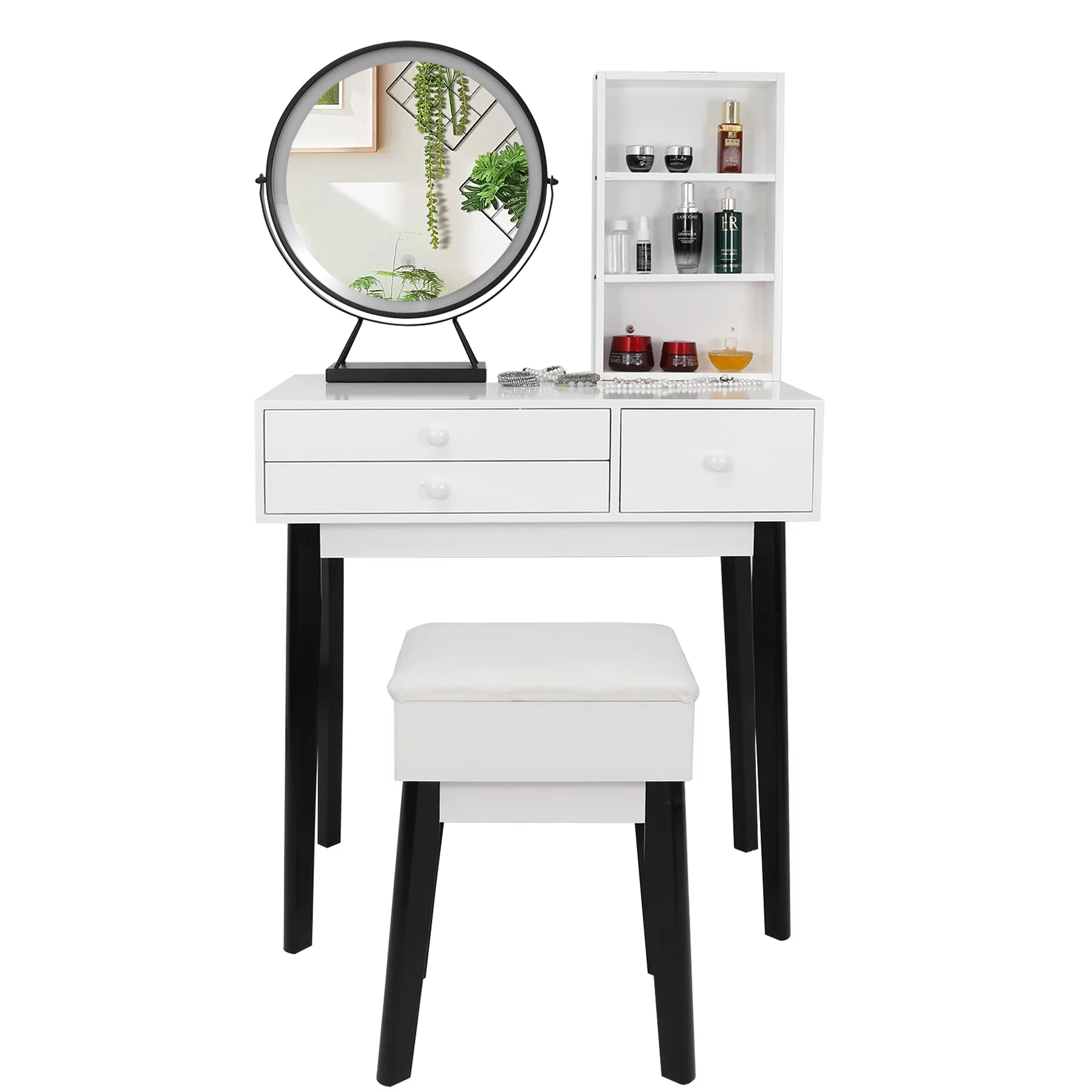 Lafuria vanity set with lighted mirror,Make up vanity dressing table with cushioned stool set in black and white