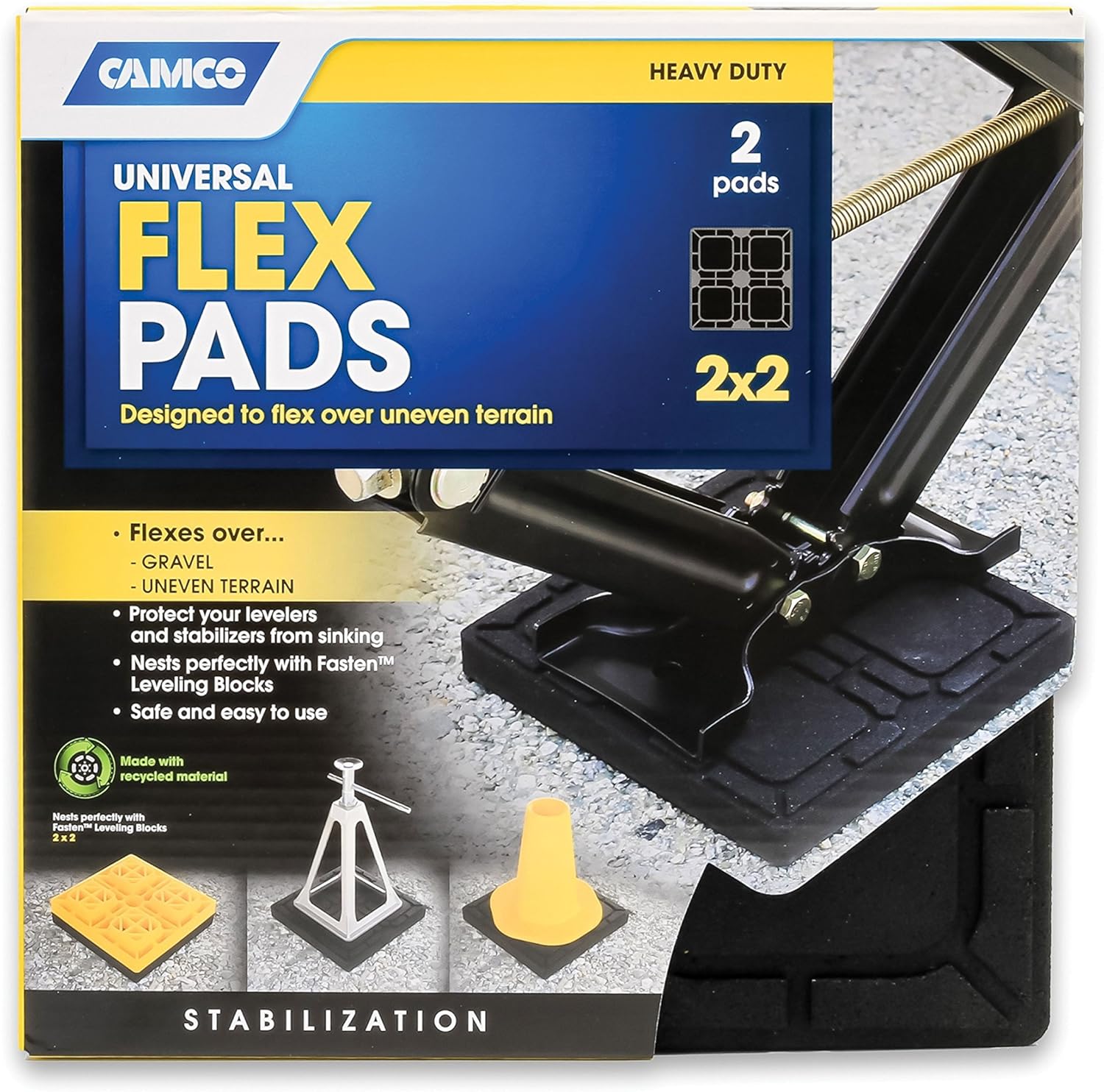Camco RV Universal Flex Pads for Leveling Blocks,2x2” | Prevents Jacks & Stabilizers Pack of 2