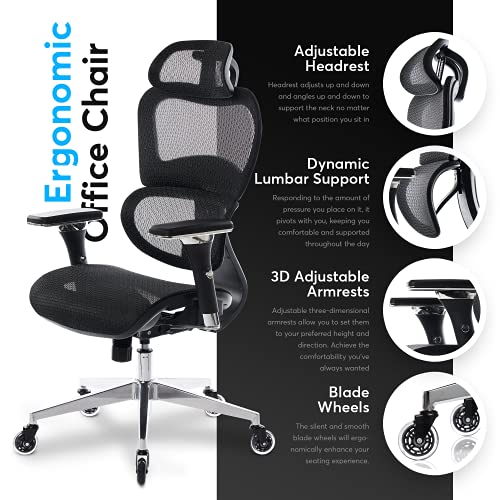 Oline ErgoPro Ergonomic Office Chair, Rolling Desk Chair with 4D Adjustable Armrest, 3D Lumbar Support, Blade Wheels