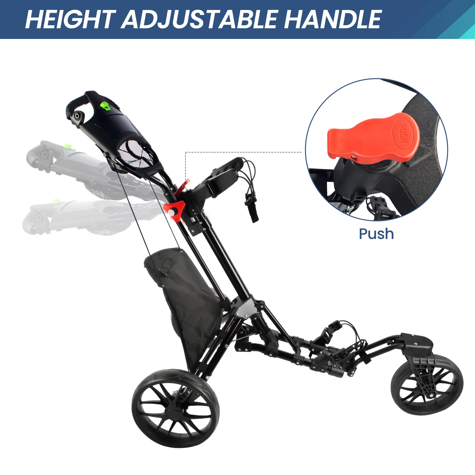 BOBOPRO Universal Wheel Golf Push Cart with Footbrake, Bottle Holder, Umbrella Stand, Cooler Bag,Balck - Curated Treasures Market