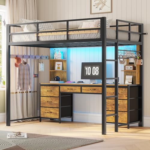 ADORNEVE Full Size Loft Bed with Desk and 8 Storage Drawers, Metal Loft Beds Full with LED Lights & Charging Sation