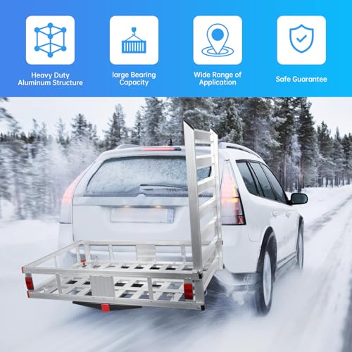 Aluminum Hitch Cargo Carrier with Ramp - 500-Lb Capacity Silver,Trailer Aluminum Cargo Basket Luggage Carrier Rack, for Cars Truck Pickup Vans