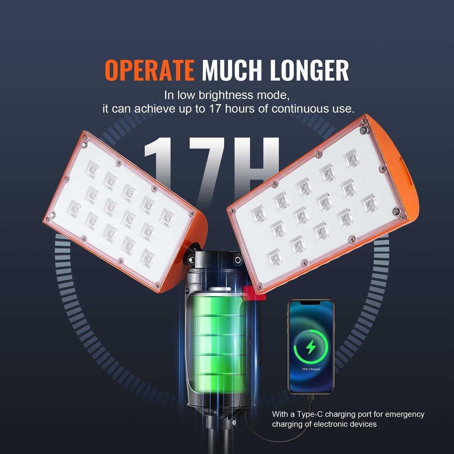 VEVOR Led Work Light 2500 lm Jobsite Light 27.6 in. to 70 in. Adjustable with Foldable Tripod Stand Wireless Remote Control
