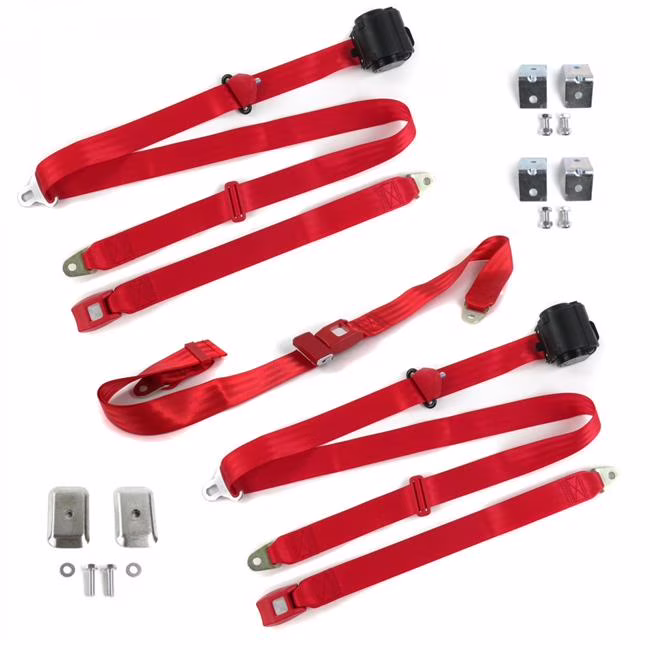 SafeTboy  Ford Falcon 1964-1965 Standard 3 Point Red Retractable Bench Seat Belt Kit with Bracketry - 3 Belts
