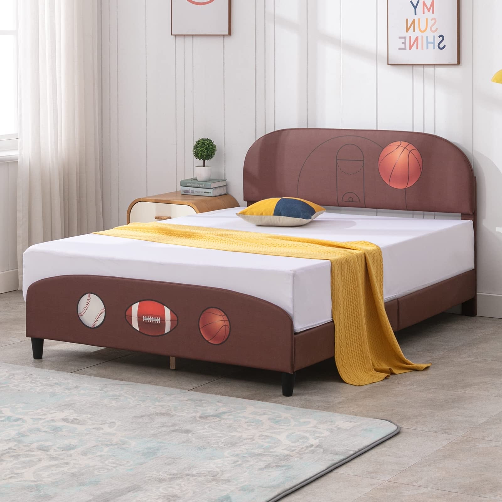 Mixoy Kids Bed Frame, Faux Leather Upholstered Platform Bed Frame ,Children Bed Frame with Sport Style Design Rugby - Full