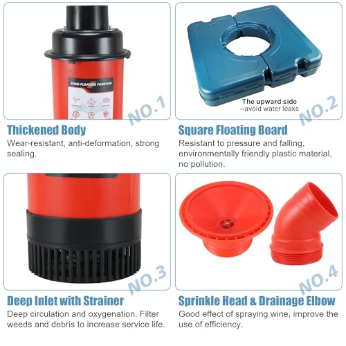 Pond Fountain Aerator, F2-2 1HP 750W 110V Stainless Steel Floating Fountain With 100 Feet Power Cord