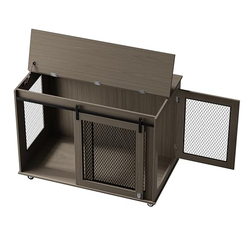 LINLUX 47 Inch XL Dog Crate Furniture, Wooden Heavy Duty Dog Kennel Indoor, Decorative Dog Cage Table for Extra Large Dogs, with Sliding Doors