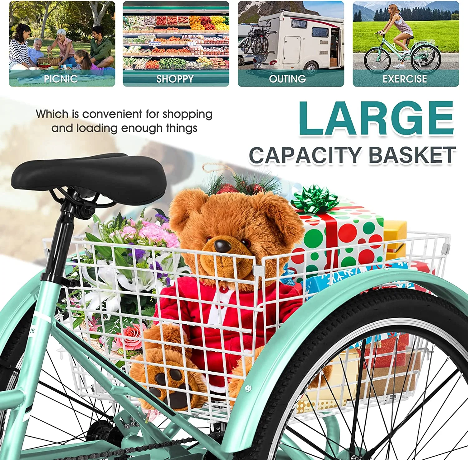 Mooncool Adult Mountain Tricycle, 7 Speed Three Wheel Bike, 24/26/27.5 Inch Adults Trikes for Seniors with Shopping Basket