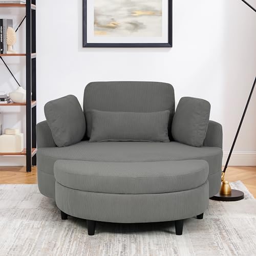 51.2" W Oversized Accent Barrel Chair Comfy Corduroy Upholstery Round Leisure Armchair w/Adjustable Headrest,4 Pillows