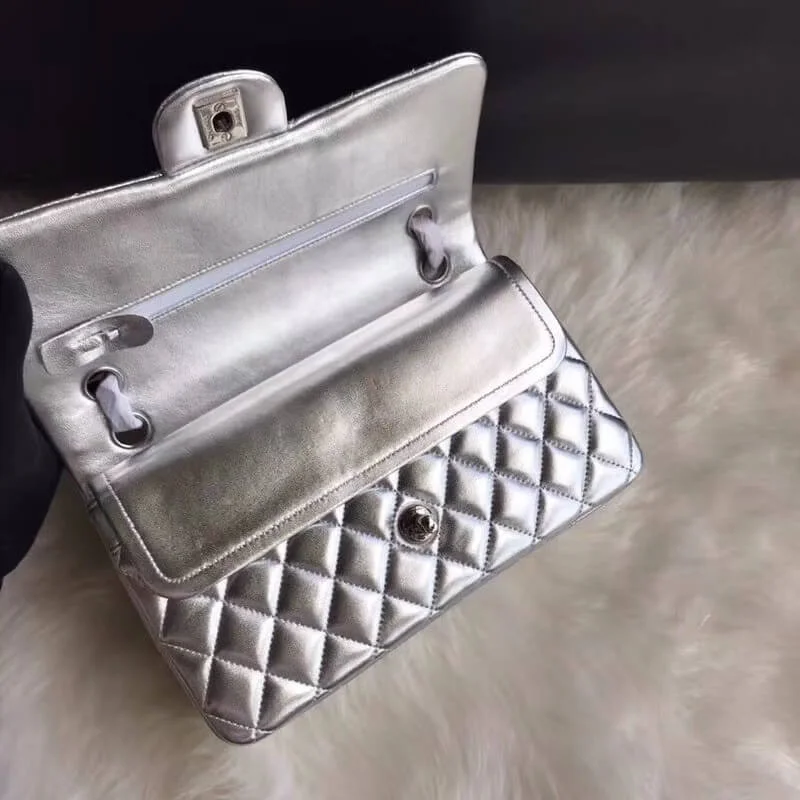 Chanel 1112 Silver Medium Size 2.55 Lambskin Leather Flap Bag