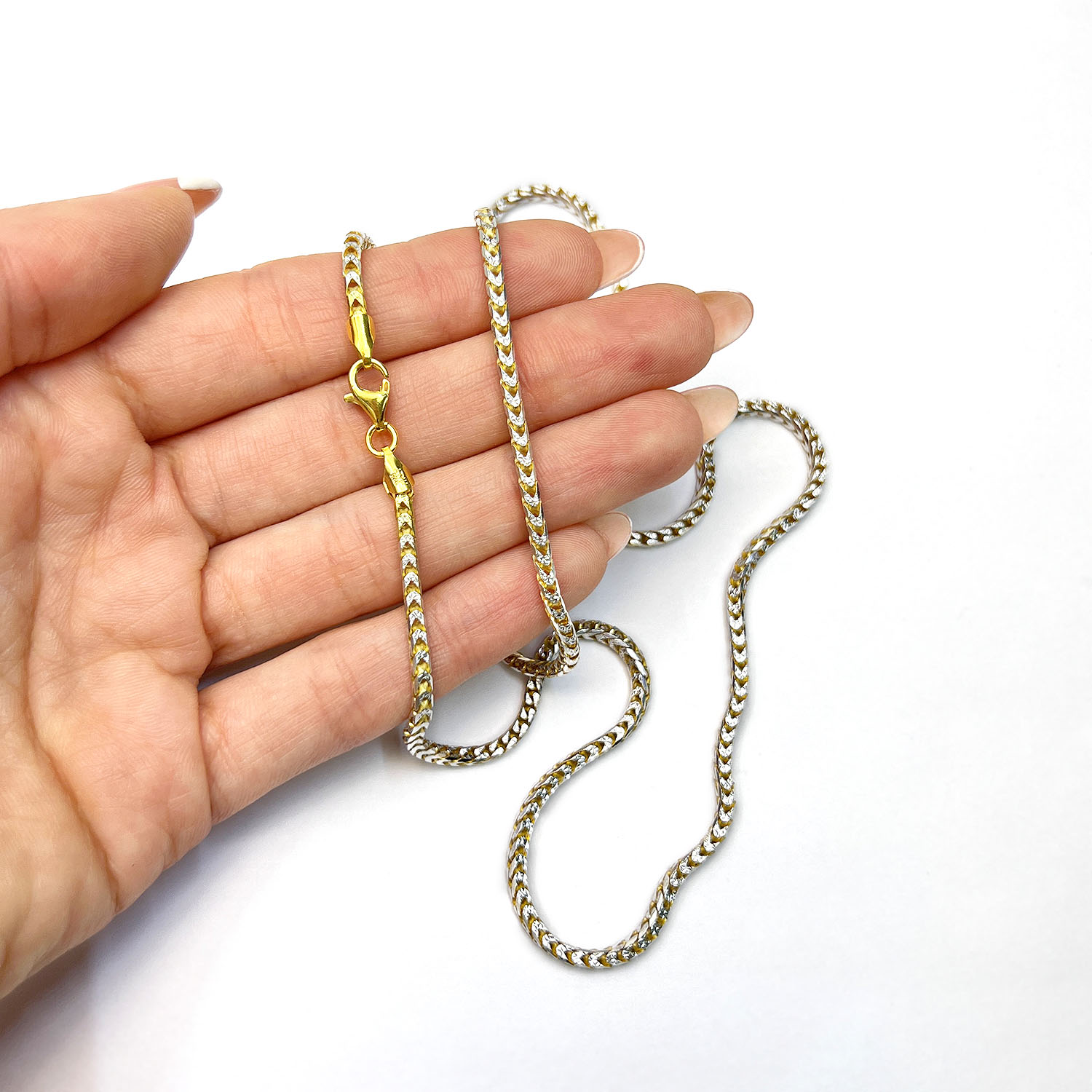 Solid 18K Yellow Gold Over Silver 2mm White Pave Franco Chain Necklace 18"-24"