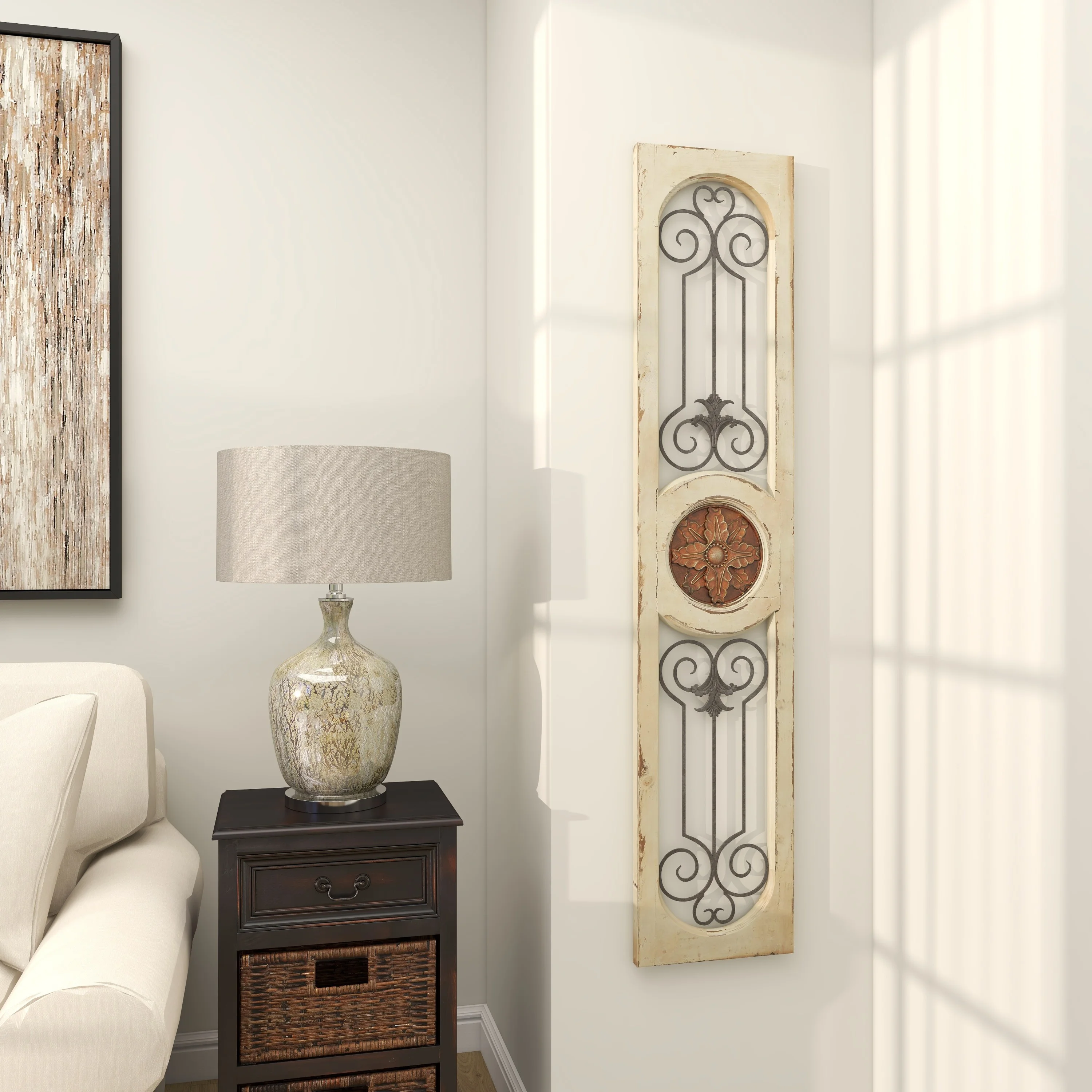DecMode White Wood Distressed Door Inspired Ornamental Scroll Wall Decor with Metal Wire Details