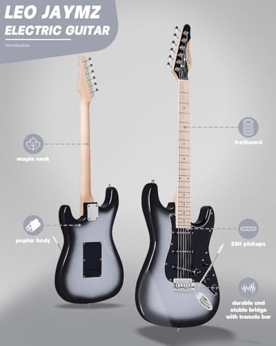 Leo Jaymz 39" Full Size ST Style Electric Guitar Starter Kit with SSH Pickup, 5W Portable Amp, Tuner, Gig Bag, Strap & Accessories (Violet Ocean)