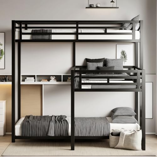 Queen Size Murphy Bed with Desk & Charging Station,Wall Bed Frame Folding into Cabinet Design w/LED & Storage Shelf for Small Space,Bedroom