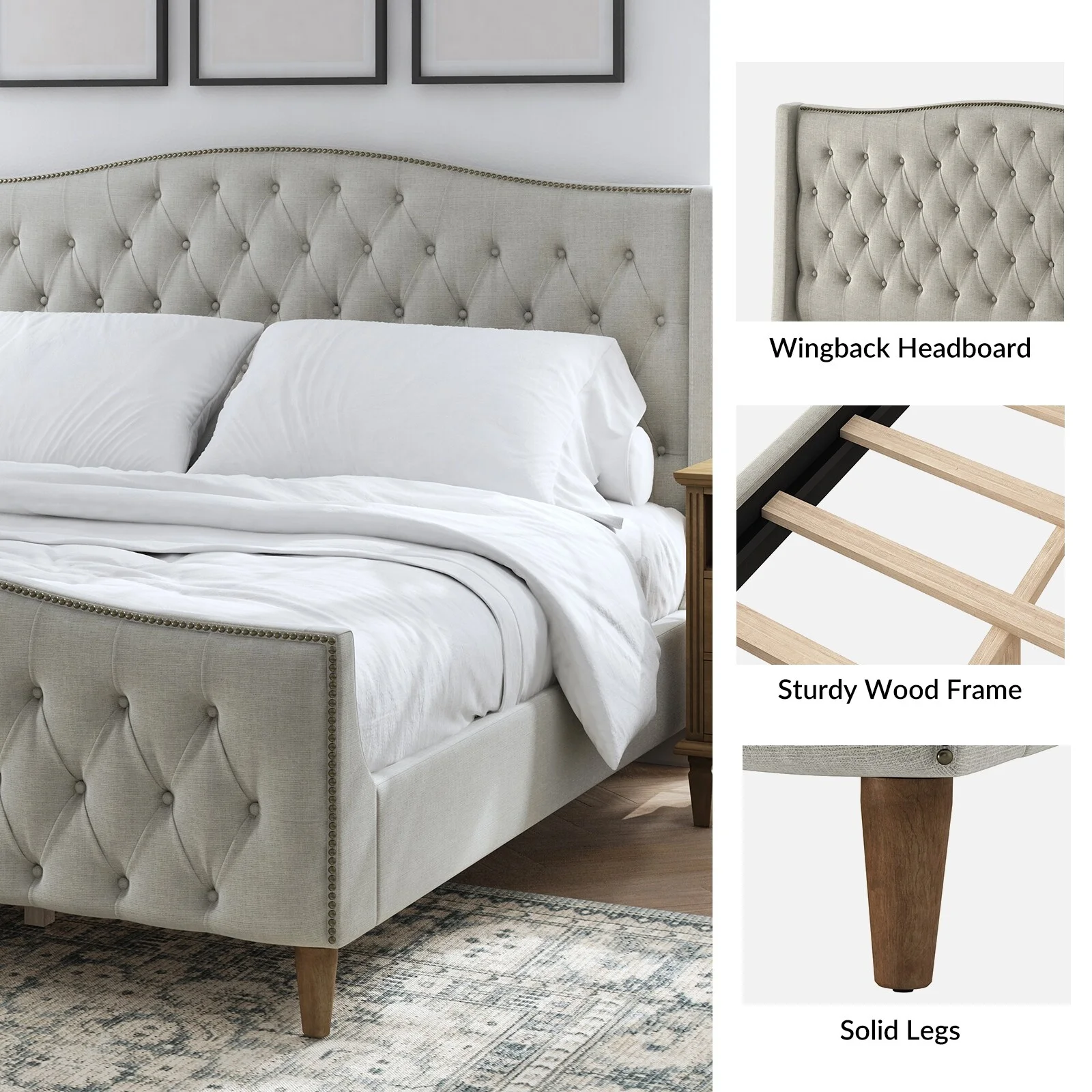HULALA HOME Gerhard Tufted Upholstered Wingback Bed with Headboard and Footboard by  Grey - King