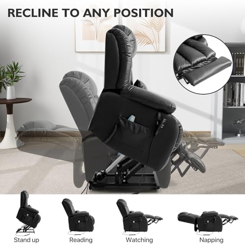 EDILLY Large Genuine Leather Power Lift Recliner Chairs for Elderly, Dual Motor with Massage and Heating,Double Lumbar Cushion and Extended Footrest