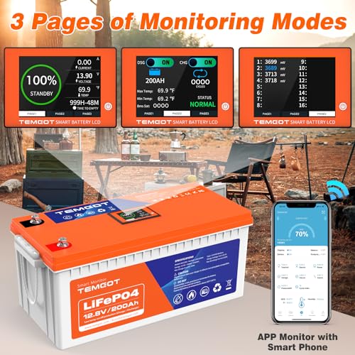 12V 300AH Low Temp Cutoff LiFePO4 Lithium Battery with Touchable Smart Display & APP Monitoring, Built-in 200A BMS,2560W Load Power, 5000+ Cycles