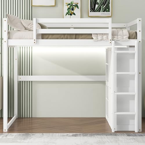 Harper & Bright Designs Full Size Loft Bed with Desk, Storage Shelves and Drawers, Solid Wood Loft Bed Frame with Built-in Wardrobe, Walnut