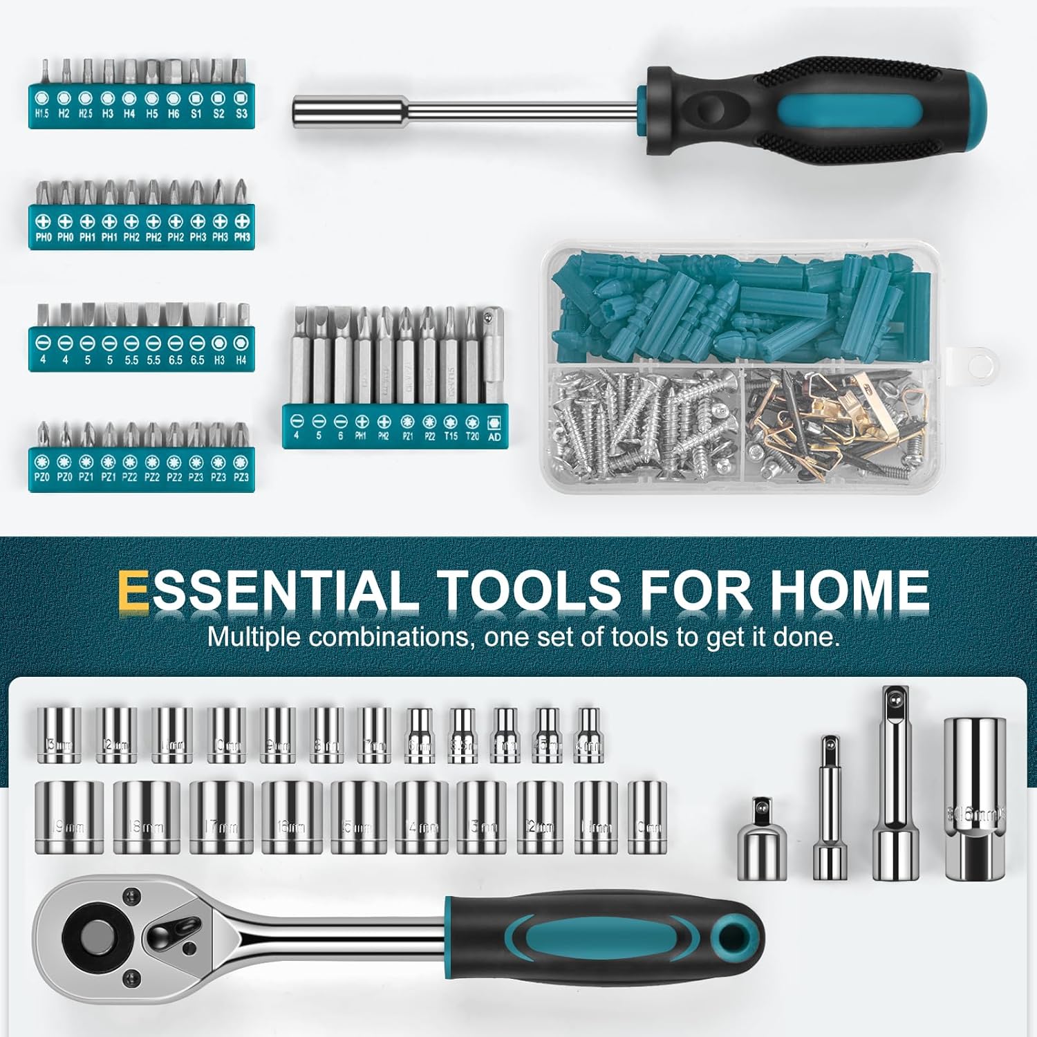 Home Tool Kit 287PCs - Complete Repair General Hand Tool Set for Men Women