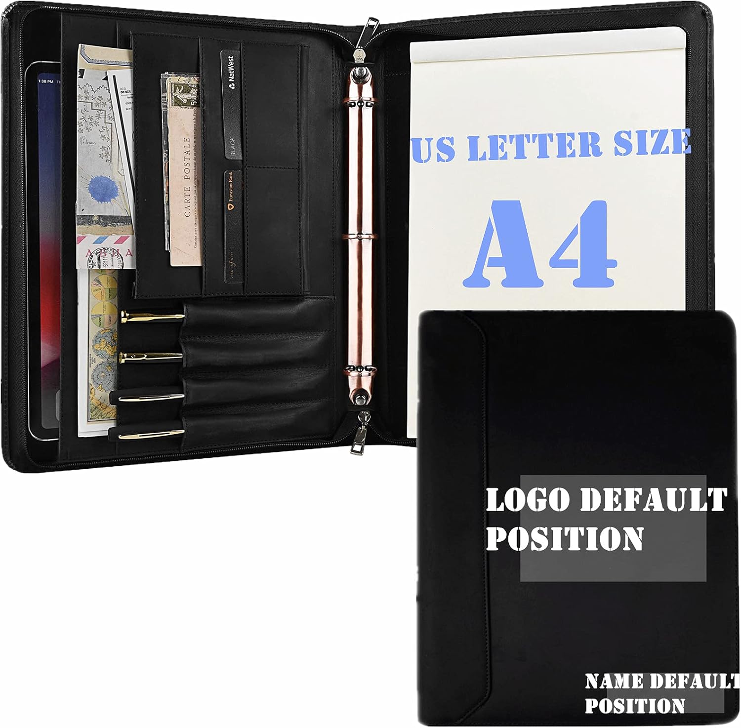AZXCG Leather Padfolio Binder,Genuine Leather Portfolio Folder with YKK Zipper, Chrismas Gift Resume Portfolio for Son/Husband
