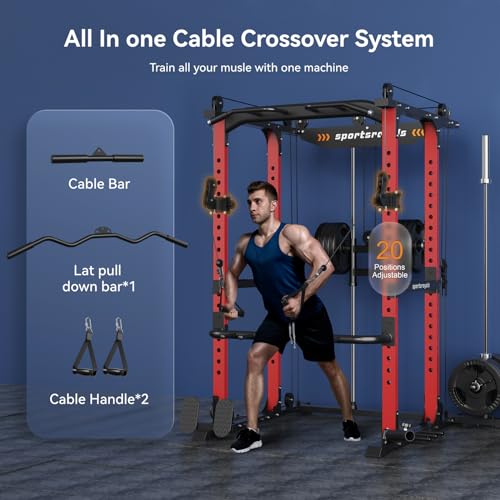 Sportsroyals Power Cage,1600lbs Multi-Function Power Rack with Adjustable Cable Crossover System and More Training Attachment