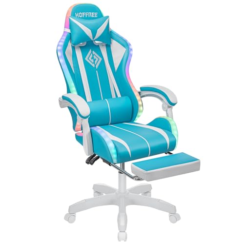 HOFFREE RGB Gaming Chair with Speakers Massage Computer Gaming Chair with LED Lights and Footrest High Back Video Game Chair for Adults Blue and Black