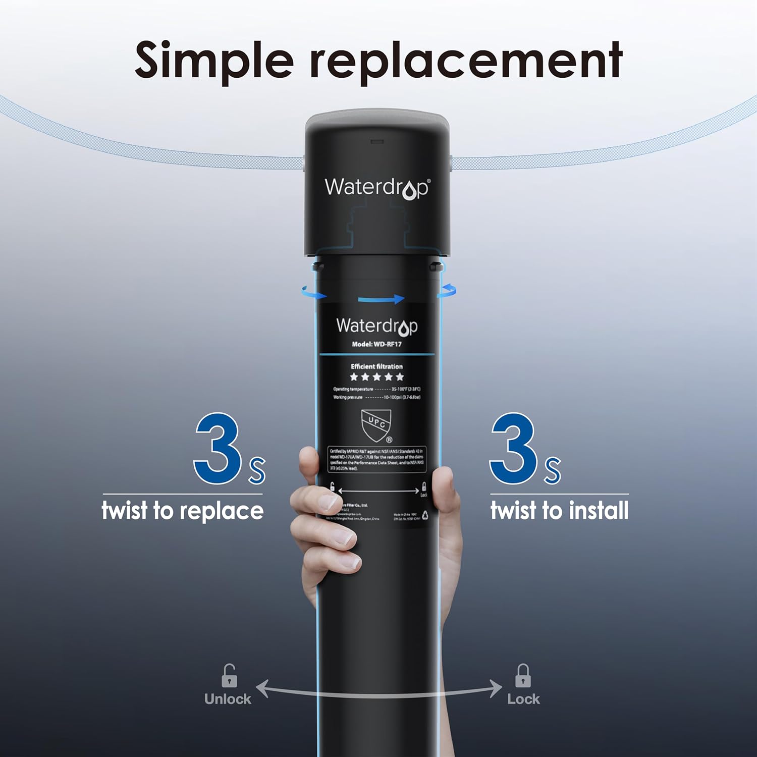 Waterdrop RF17 Replacement Filter Cartridge For 17UA/17UB Under Sink Water Filter, Reduces Lead, Chlorine