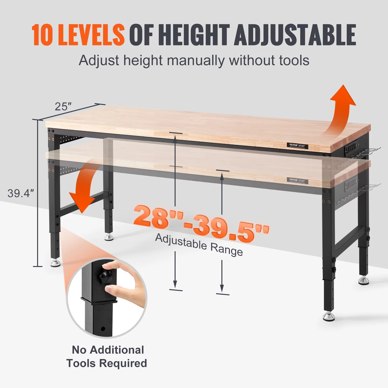 BENTISM Adjustable 28-39.5" Heights Workbench, 72" L X 25" W Garage Worktable with Universal Wheels, 3000 LBS Load Capacity, with Power Outlets