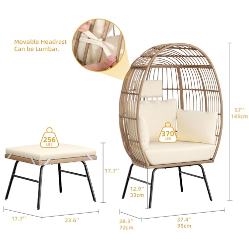 YITAHOME Accent Living Room Egg Chair w/ 2-in-1 Ottoman, Wicker Oversized Basket Chair with 5 Thick Cushions, Footrest