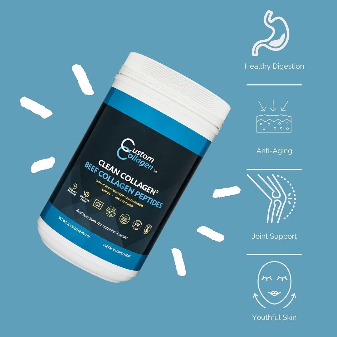 Collagen Peptides Powder 2lb (32oz) Jar - Clean Collagen® - Unflavored, Grass Fed, Paleo, Non GMO, Kosher - Highly Soluble Protein Pack of 2