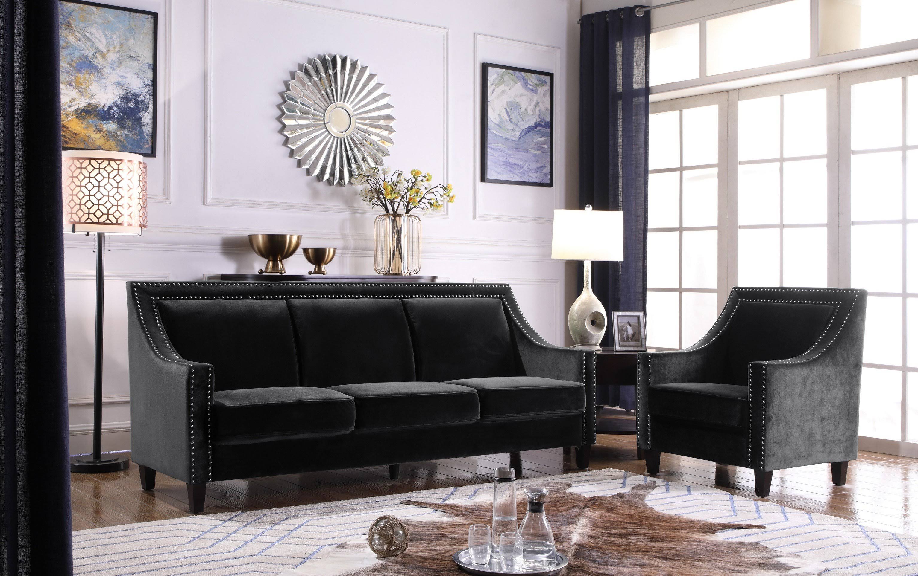 Chic Home Camren Sofa Velvet Upholstered Swoop Arm Silver Nailhead Trim Espresso Finished Wood Legs Couch Modern Contemporary, B