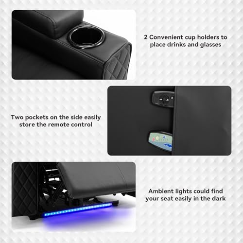 COMHOMA Power Recliner Chair PU Leather Electric Massage Recliner Sofa for Living Room Home Theater Seating with Cup Holders and LED Lighting(Black)