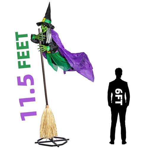 Halloween Decorations Outdoor - 12 Ft Animated Hovering Witch with Sound & Touch Activated Sensor - Witch on Broom Halloween Decorations Outdoor