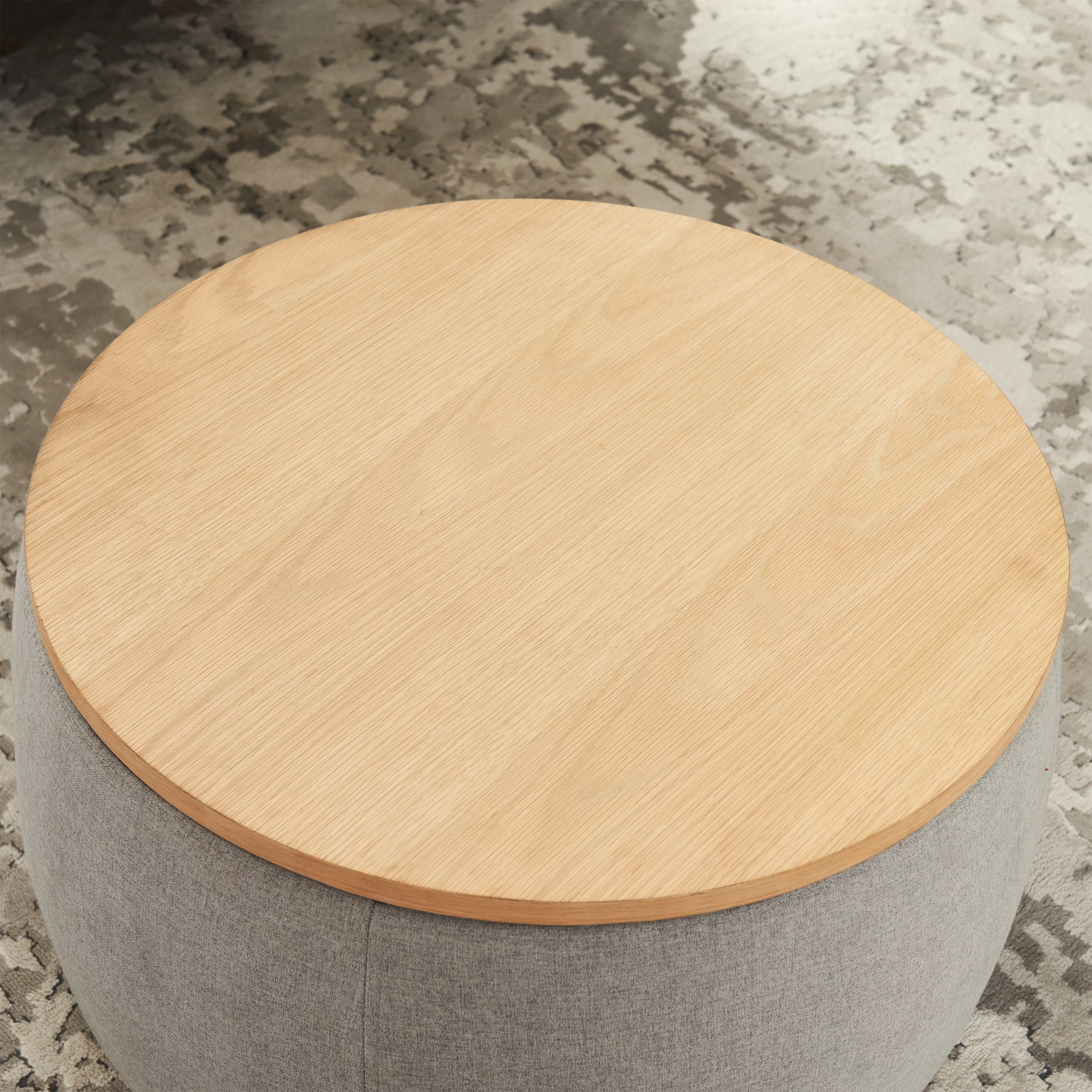 Seizeen Ottoman With Storage, Round Storage Ottoman Coffee Table with Wood Tray, 2-in-1 Fabric End Side Table for Living Room Bedroom, Grey
