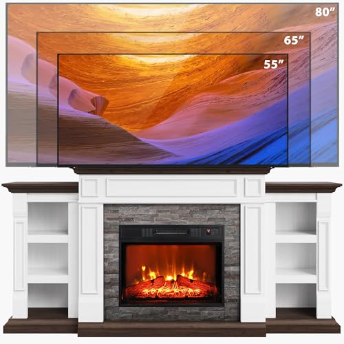 70" Electric Fireplace with Mantel, Fireplace TV Stand for TVs Up to 80 Inch, Farmhouse Entertainment Center with Storage