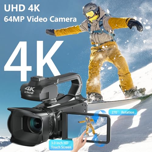 VETEK Camcorders Video Camera 4K, Video Camera Auto Focus Vlogging Camera for YouTube 64MP 60FPS 4 Inch Touch Screen 18X Digital Zoom with WiFi