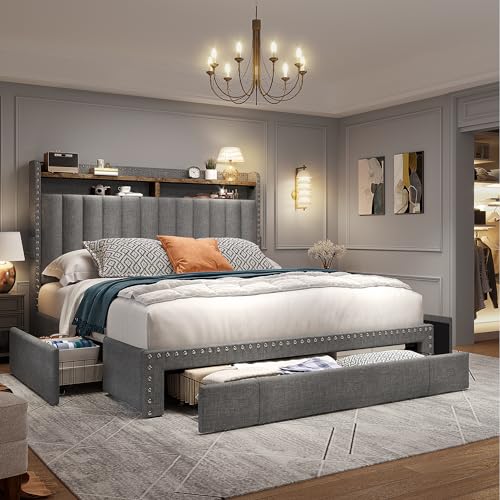 EnHomee Queen Bed Frame with 3 Storage Drawers, Upholstered Bed Frame Queen Size with 2-Tier Storage Headboard, Wooden Slats, No Box Spring Needed