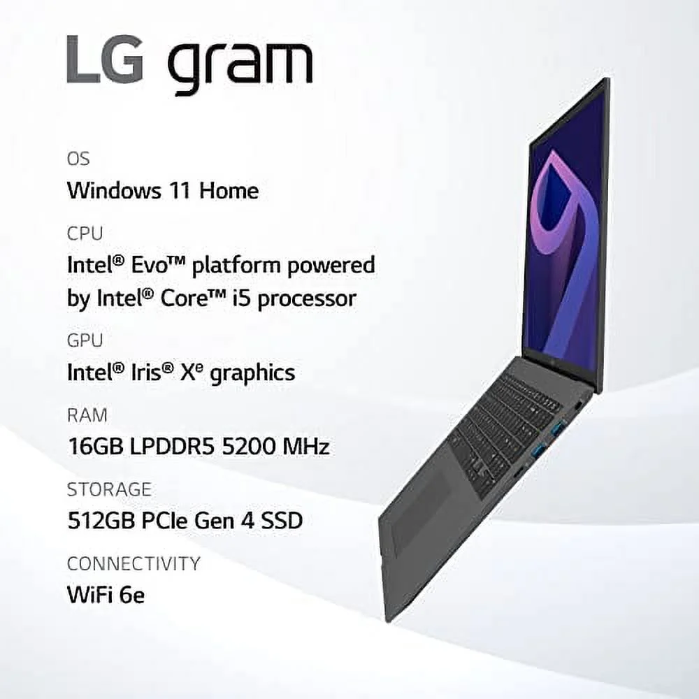 LG Gram (2022) 16Z90Q Ultra Lightweight Laptop, 16" (2560 x 1600) IPS Display, Intel Evo 12th Gen i5 1240P Processor, 16GB LPDDR5, 512GB NVMe SSD