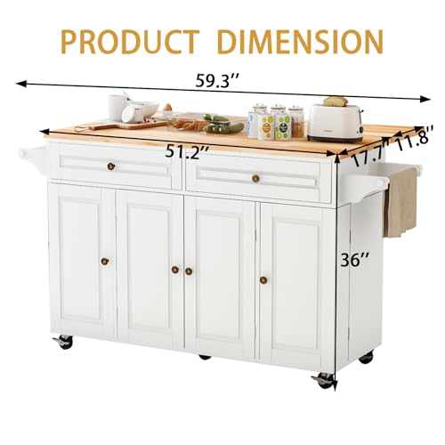 67’’ Movable Kitchen Island with Drop Leaf and Power Outlet, Lockable Sliding Countertop Rolling Island Cart with 2 Large Drawers, Spice, Towel Rack