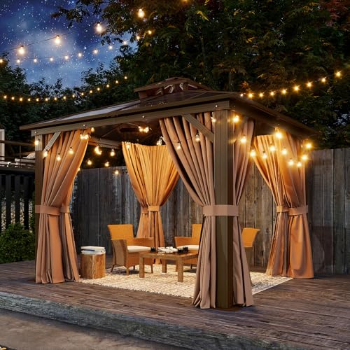 Aoxun 12'x10' Hardtop Gazebo, Aluminum Frame Permanent Pavilion with Curtains and Netting, Outdoor Polycarbonate Double Roof Canopy
