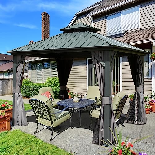 Domi 10’ x 10’ Hardtop Gazebo Metal Frame Canopy with Netting & Curtains