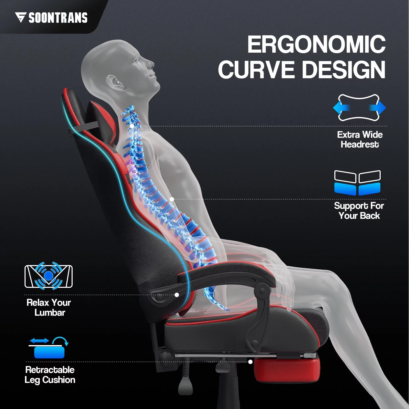 Soontrans Gaming Office Chair with Footrest, Ergonomic Leather Massage Game Chair with Lumbar Support & Headrest, Red