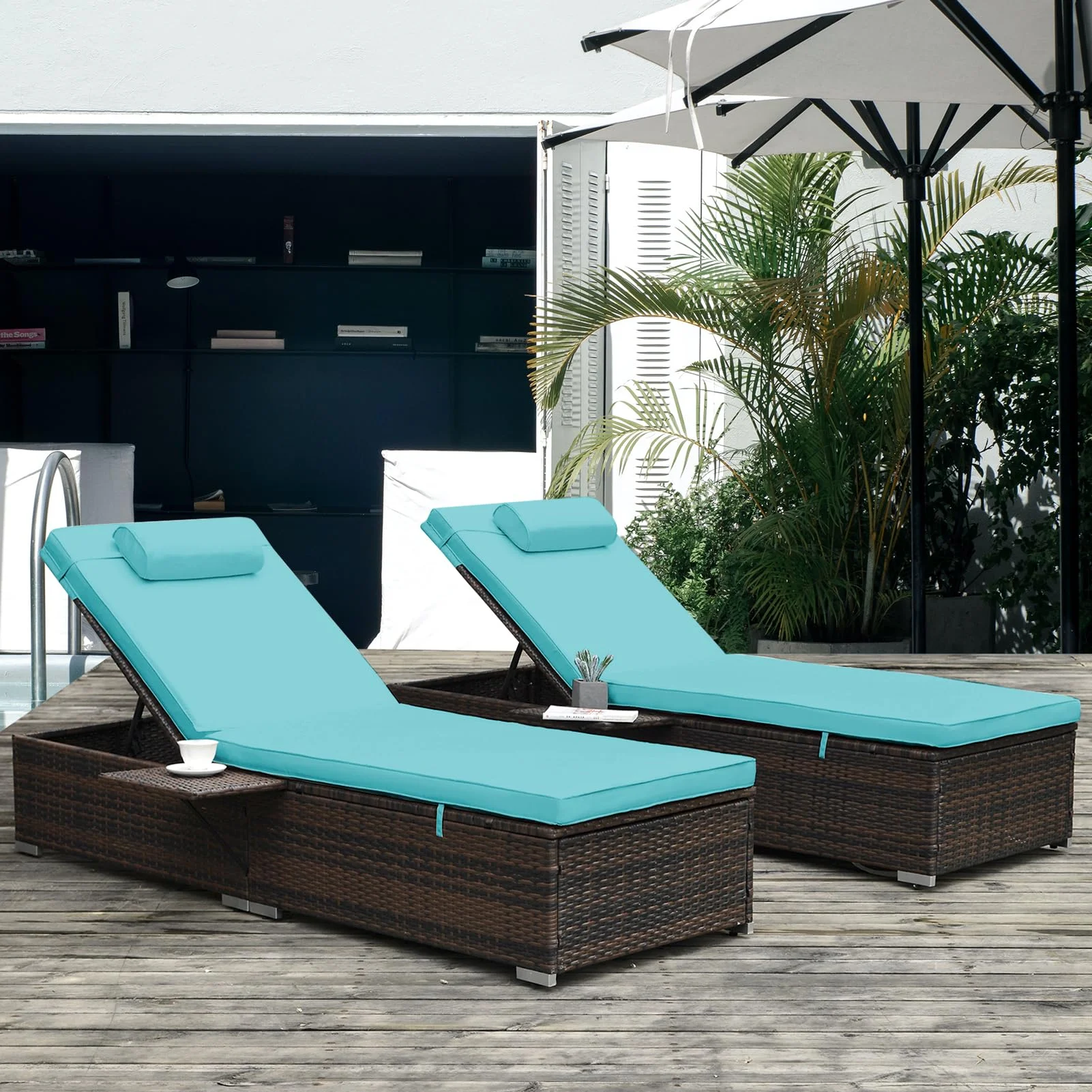 Outdoor Chaise Lounge Set of 2,Rattan Wicker Chaise Lounge with Adjustable Backrest and Removable Cushions