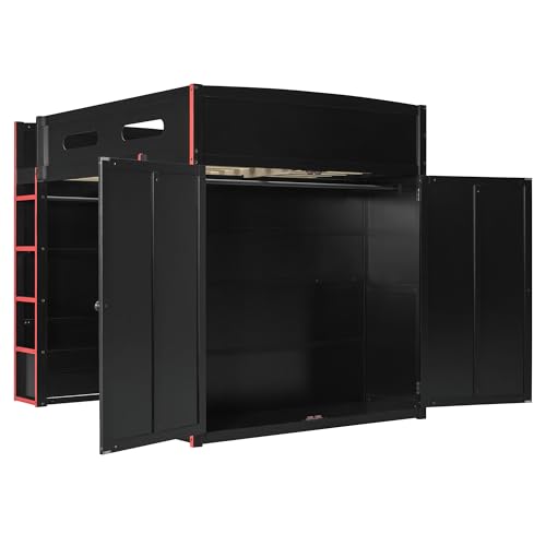 Modern Full Size Gaming Loft Bed with Built-in Desk and Storage Wardrobe, Wood Loft Bed Frame with Light Strip and 2 Drawers