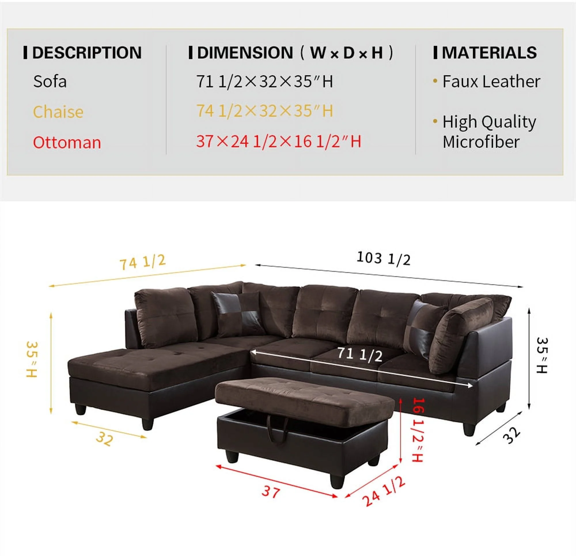 PonLiving Furniture Aiden 104" Sectional Sofa & Chaise with Ottoman Microfiber and faux leather upholstery Brown Right Hand Facing
