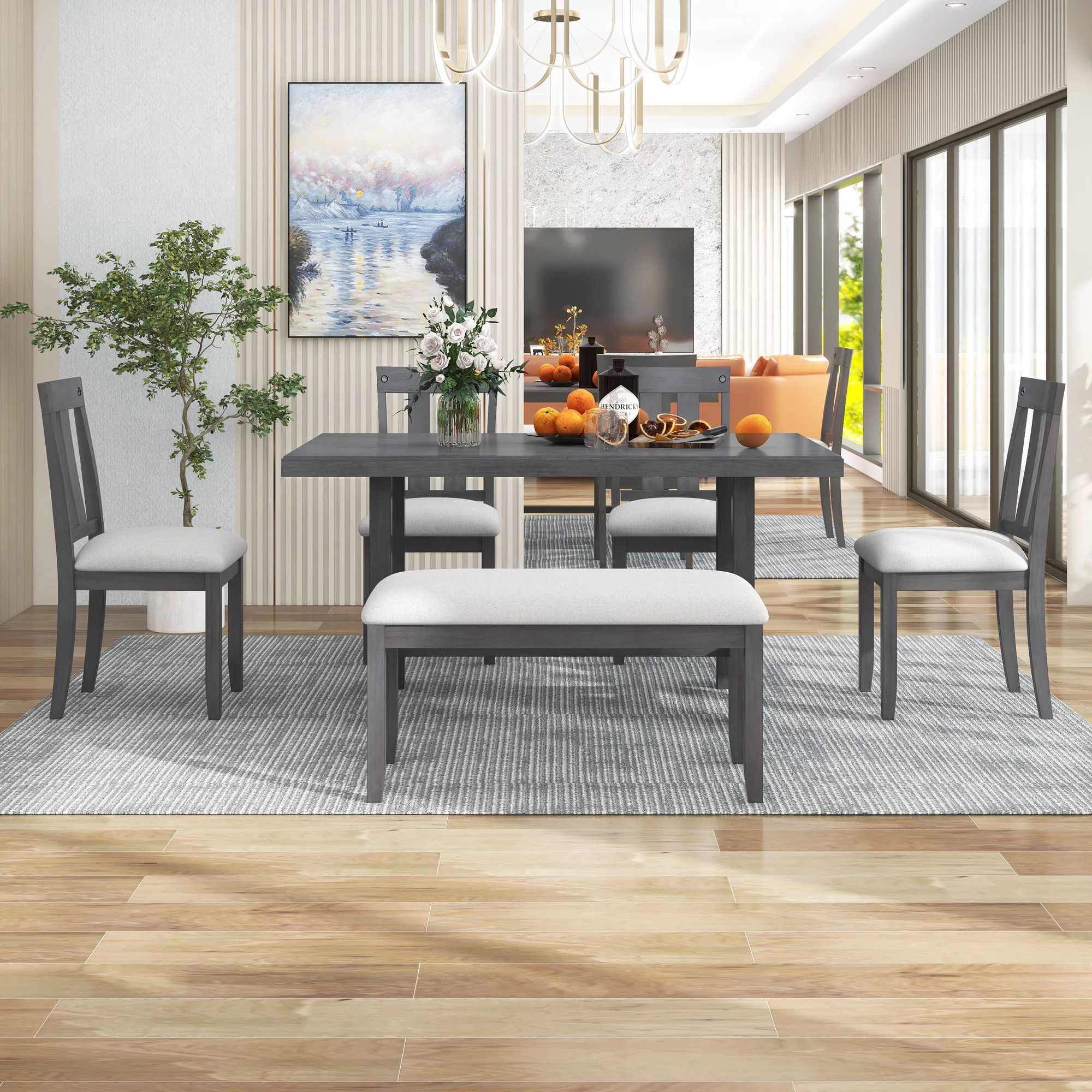 Churanty Rustic Farmhouse Dining Table Set for 7 Wooden Rectangular Table and 4 Upholstered Chairs & Bench for Dining Room,Gray