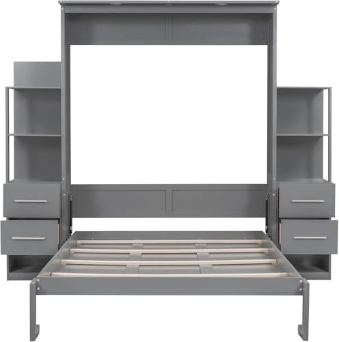 MERITLINE Queen Murphy Bed with Storage Drawers,LED Lights and Shelves,Wood Murphy Wall Bed Cabinet for Adults (Grey)