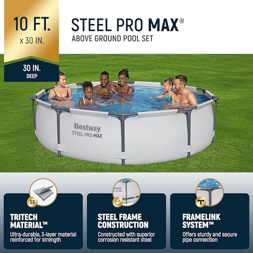 Bestway Steel Pro MAX 12 Foot by 30 Inch Round Above Ground Swimming Pool Set Outdoor Metal Frame Family Pool with Filter Pump, Gray